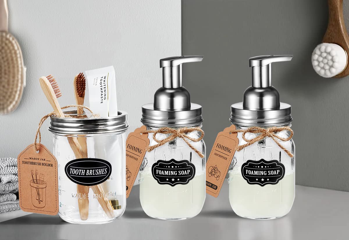 Komashr Mason Jar Toothbrush Holder - Brushed Nickel - With 16 Ounce Ball Mason Jar,Premium Rustproof 304 Stainless Steel Lid An